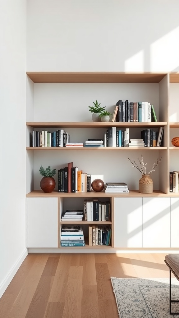 Modern minimalist library with floating shelves, wooden details, and decorative plants