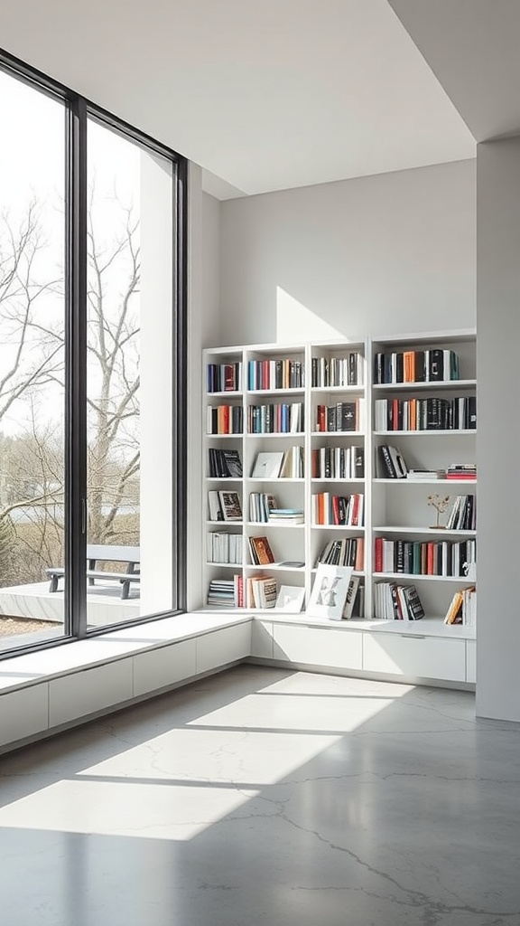 Modern minimalist library with floor-to-ceiling windows and built-in window seat