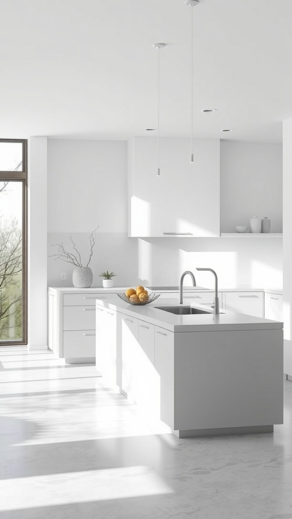 Modern minimalist kitchen peninsula with white cabinetry and fresh fruit