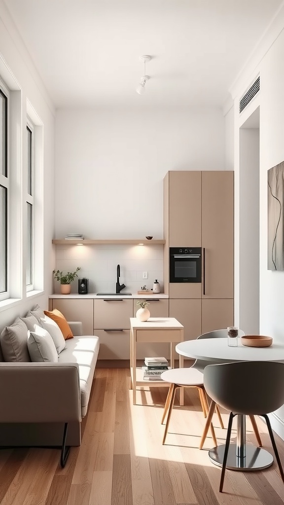 A modern minimalist kitchen nook with a small dining table, sleek chairs, and a cozy sofa, illuminated by natural light.