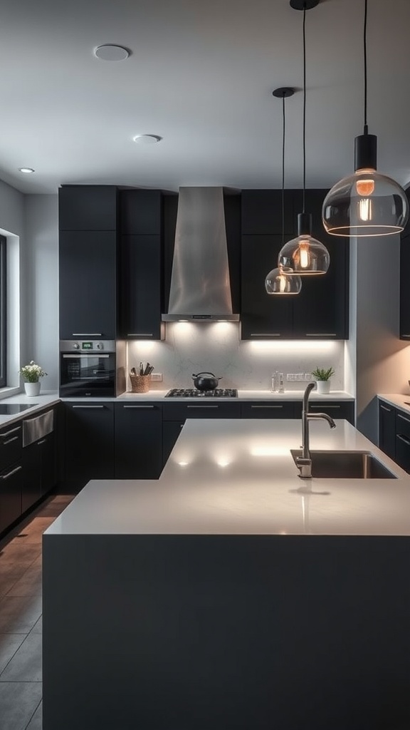 A modern kitchen with black cabinets and glass pendant lights over the island