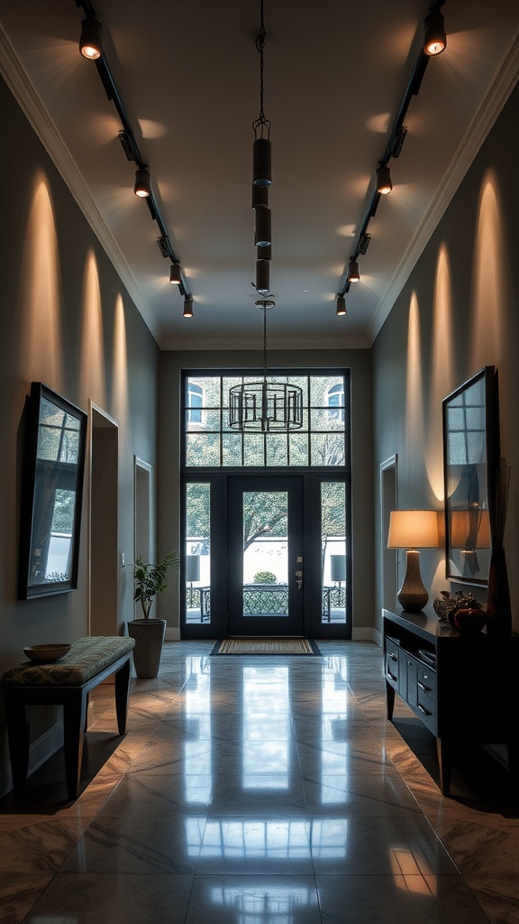 A modern foyer featuring track lighting along the ceiling, illuminating a stylish entryway.