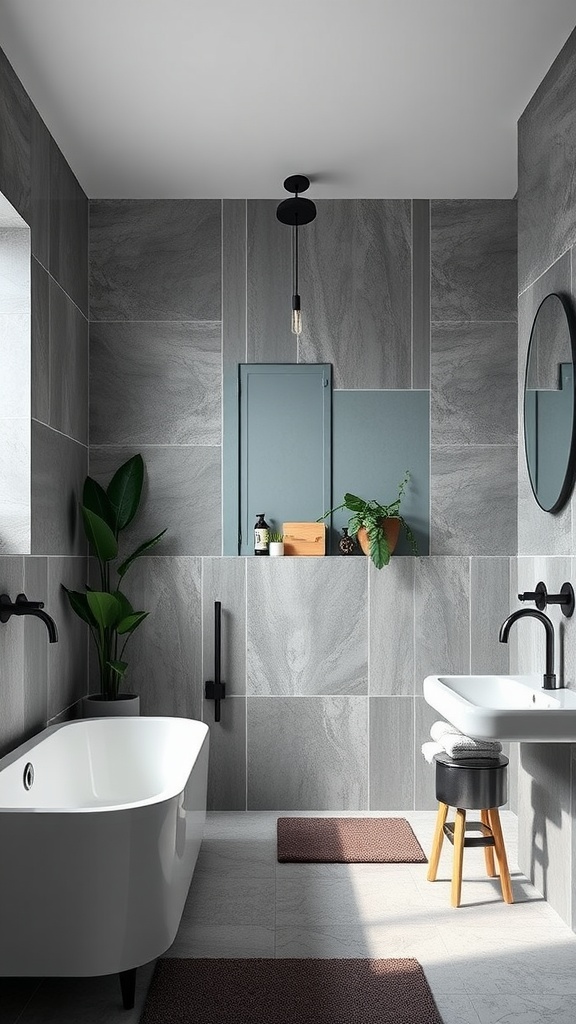 Modern bathroom with gray tiles and teal accents, featuring a freestanding bathtub and stylish fixtures