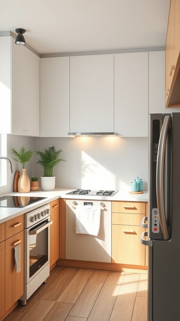 A modern kitchen with white cabinets, wooden accents, and updated appliances.