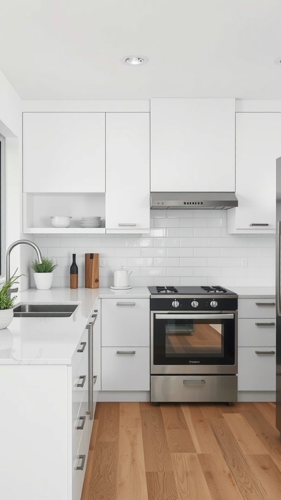 Modern kitchen with white monochromatic cabinets and wood flooring.