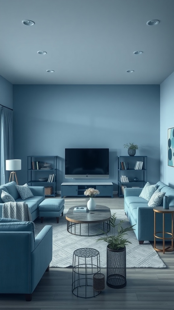 A modern living room showcasing a monochromatic blue color scheme with cozy furniture and decor.