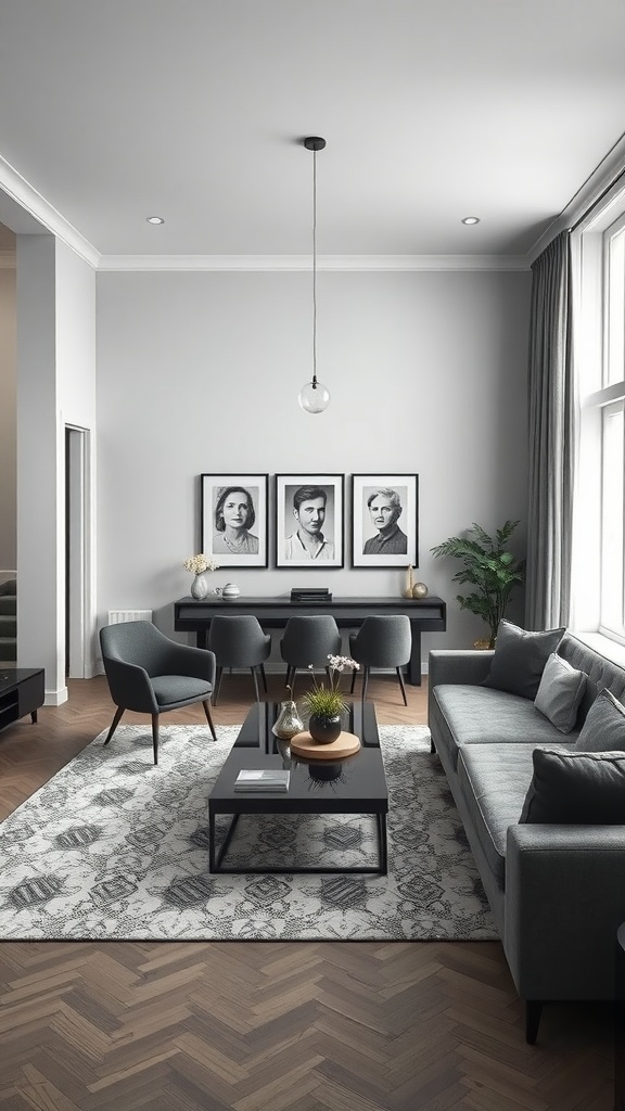 A cozy living room and dining room combo featuring gray tones, modern furniture, and a plant.