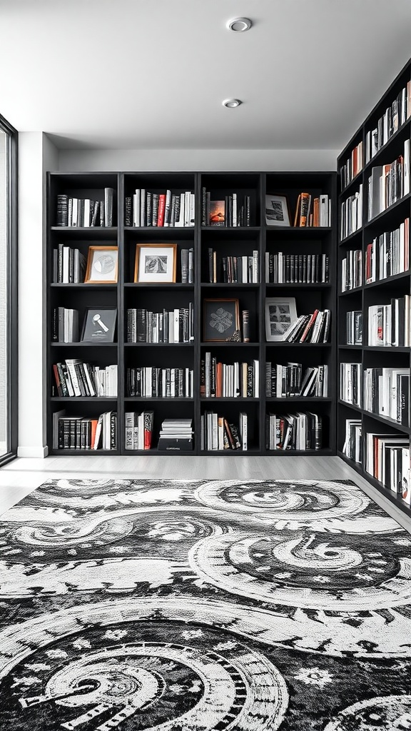 A black-and-white patterned rug in a minimalist library with dark bookshelves filled with books.