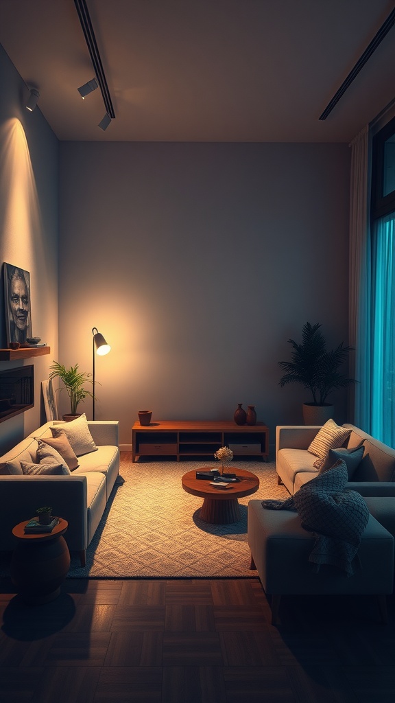 A cozy living room with soft lighting, featuring comfortable sofas, a warm rug, and a peaceful ambiance.
