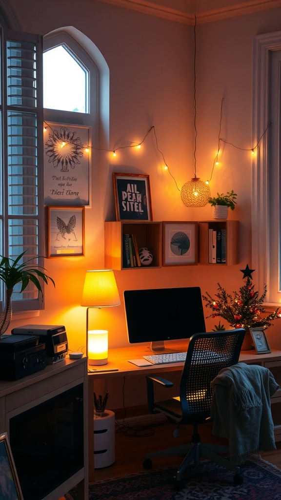 A cozy home office with warm lighting, featuring a desk, computer, and decorative items.