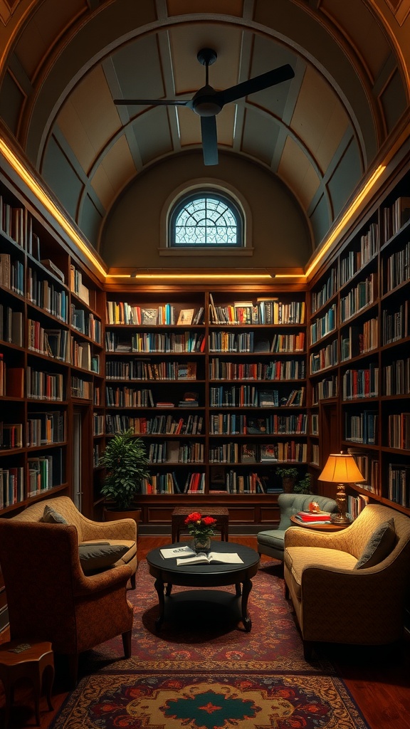 Cozy home library with mood lighting, featuring bookshelves, comfortable seating, and warm tones.