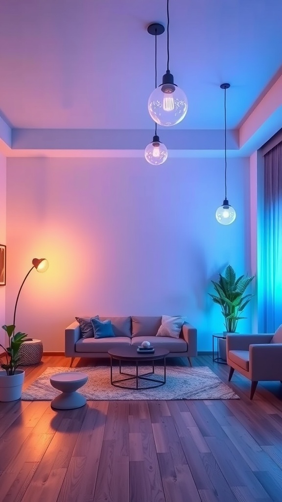 Living room with color-changing bulbs providing warm and cool lighting