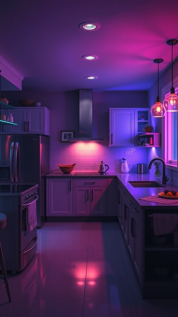A modern kitchen with color-changing lighting, featuring blue and pink hues illuminating the space.