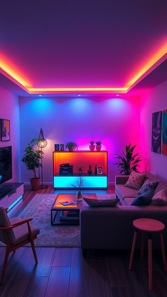 A stylish living room featuring color-changing LED lights with warm and cool tones.