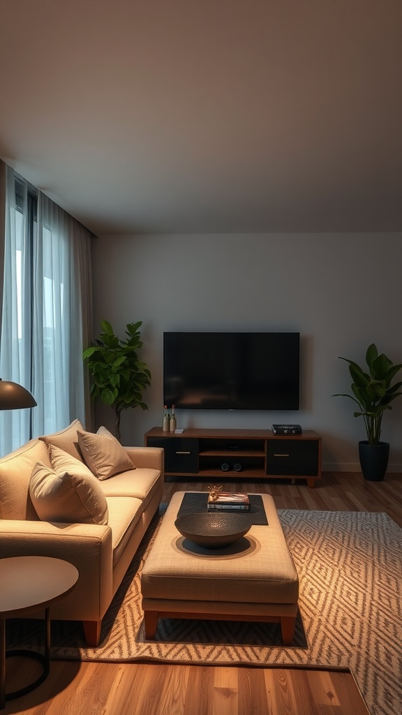 A cozy modern farmhouse living room with soft lighting, featuring a sofa, a coffee table, and plants.