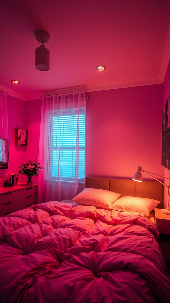 A bedroom with soft pink LED lighting, featuring a neatly made bed and a window with sheer curtains.