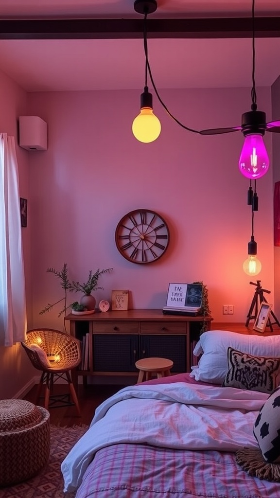 A cozy boho bedroom with smart bulbs in yellow and pink, creating a warm atmosphere.