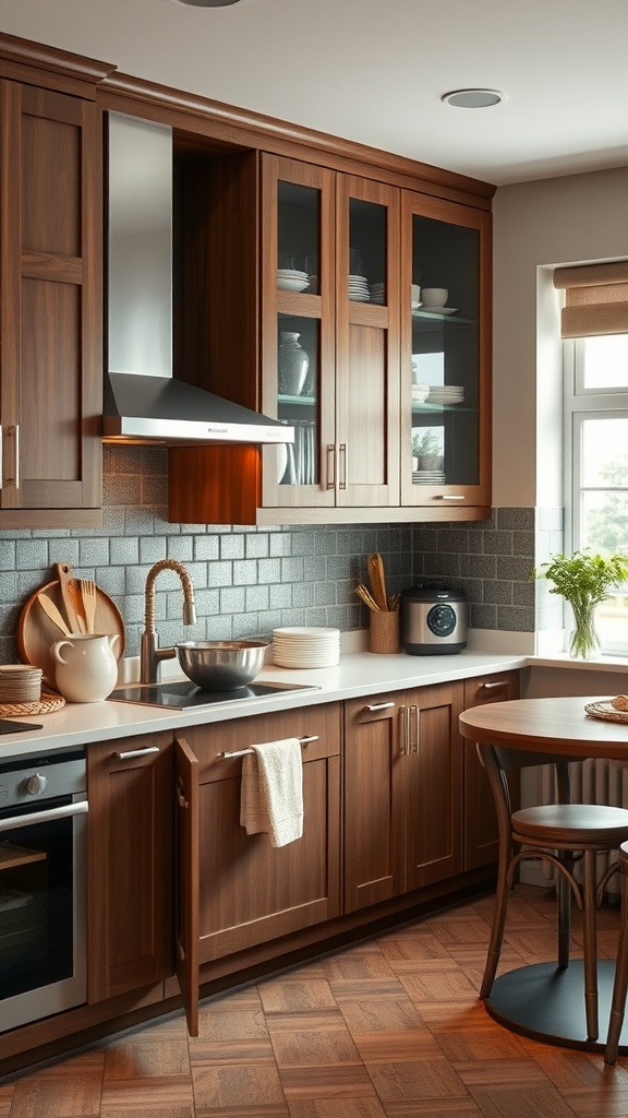 A warm farmhouse kitchen with wooden cabinets, glass doors, and a cozy dining table.