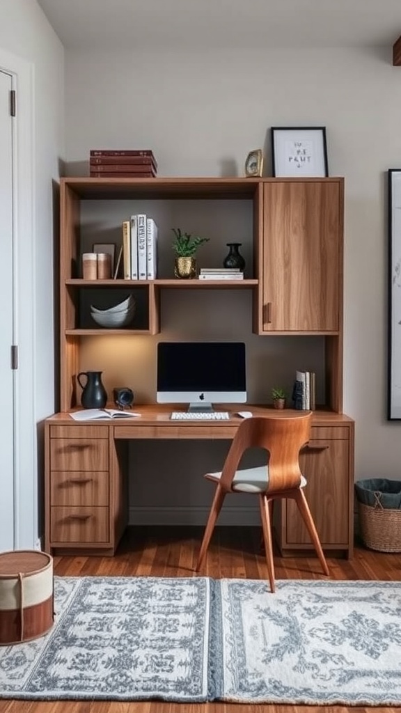 A modern home office setup featuring a wooden desk with storage, shelves, a computer, and a chair.