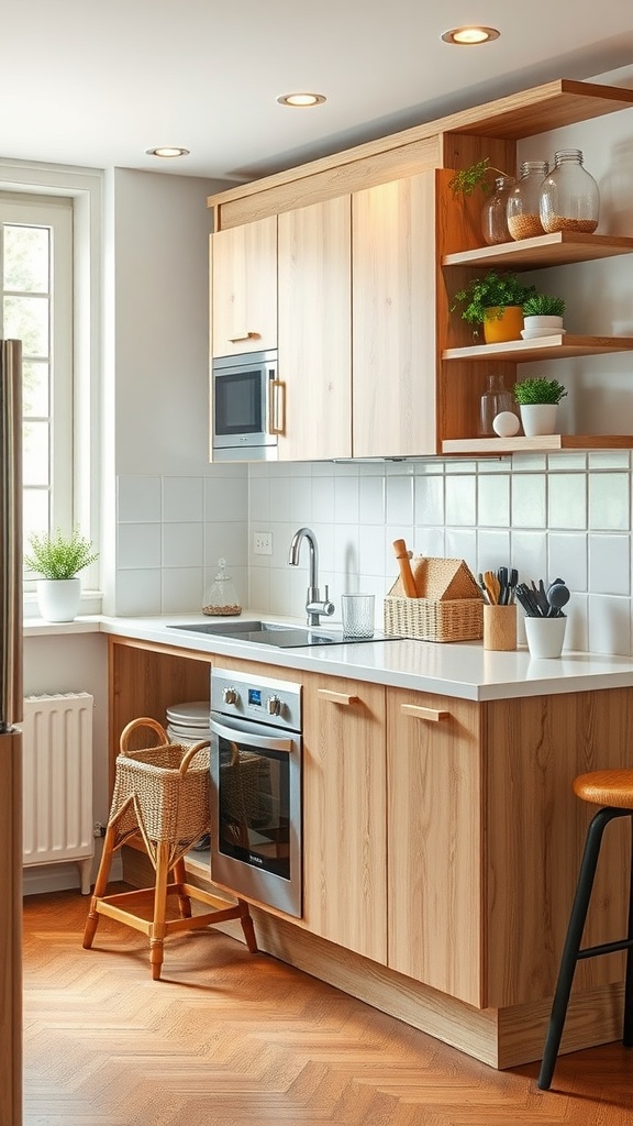 A modern small kitchen with wooden cabinets, open shelves, and a stool