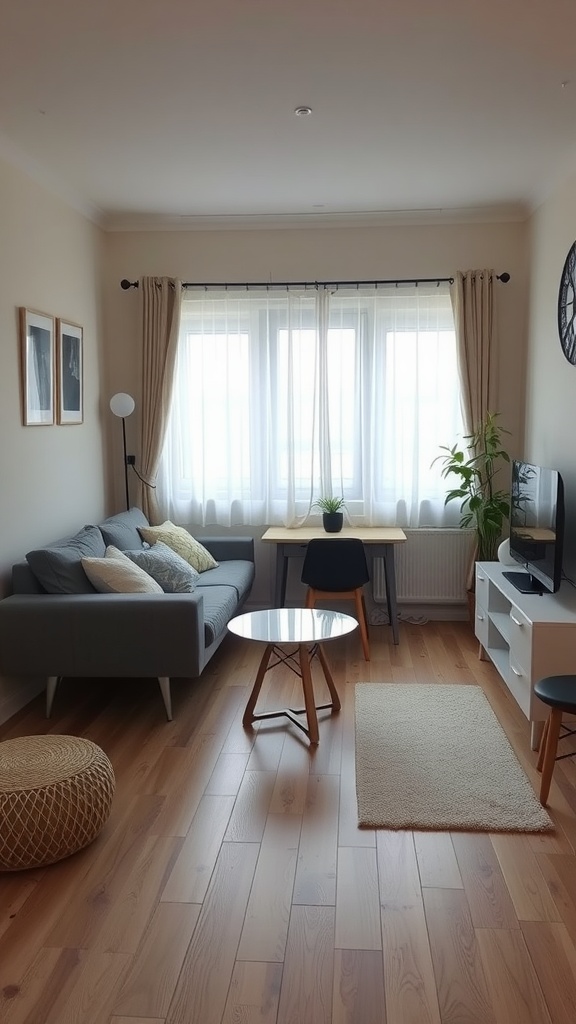 Cozy small living room featuring a sofa, dining table, and stylish decor.