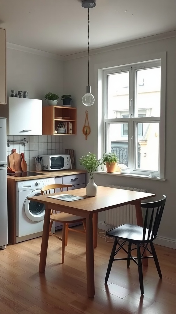 A small apartment kitchen with a multi-functional dining table, bright window, and a washing machine.