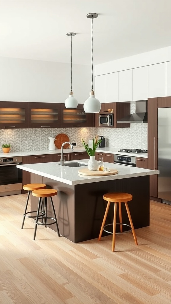 A modern kitchen with a multi-functional island, featuring a sleek countertop, stools, and a sink.