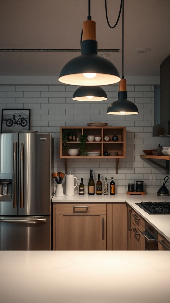 Modern kitchen with pendant lights and wooden accents