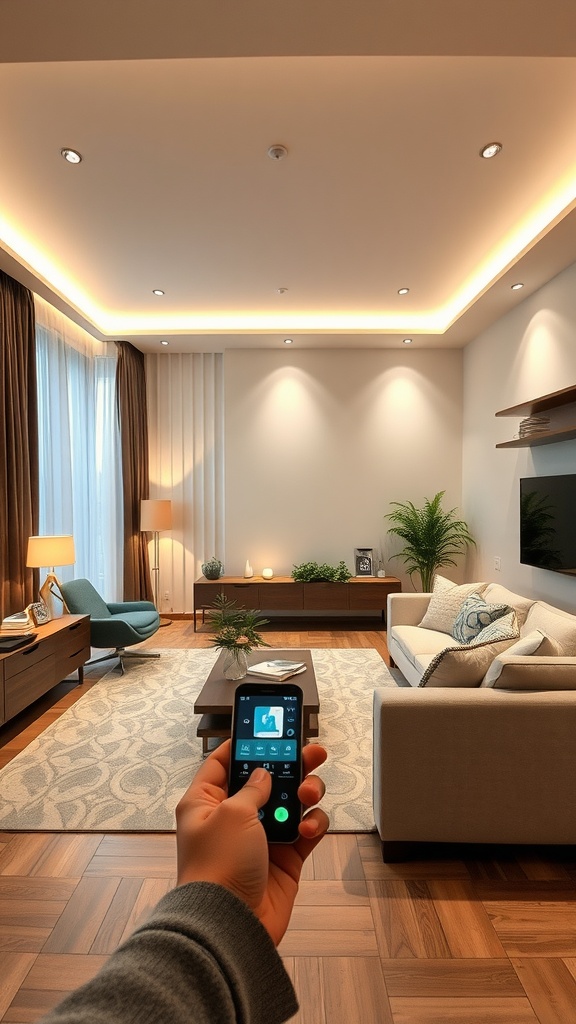 A modern living room with smart lighting controlled by a remote.