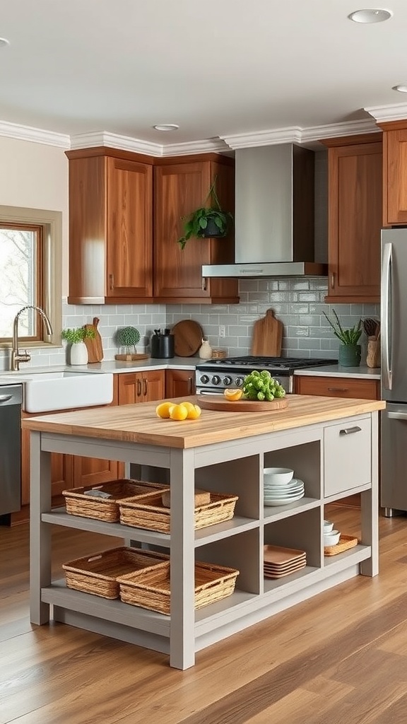 A small kitchen island with a wooden top and open shelving underneath, surrounded by a modern kitchen setup.