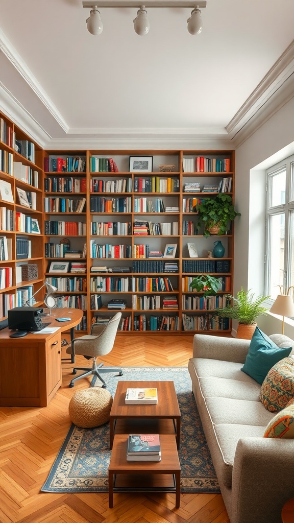 Cozy home library with bookshelves, desk, and coffee tables