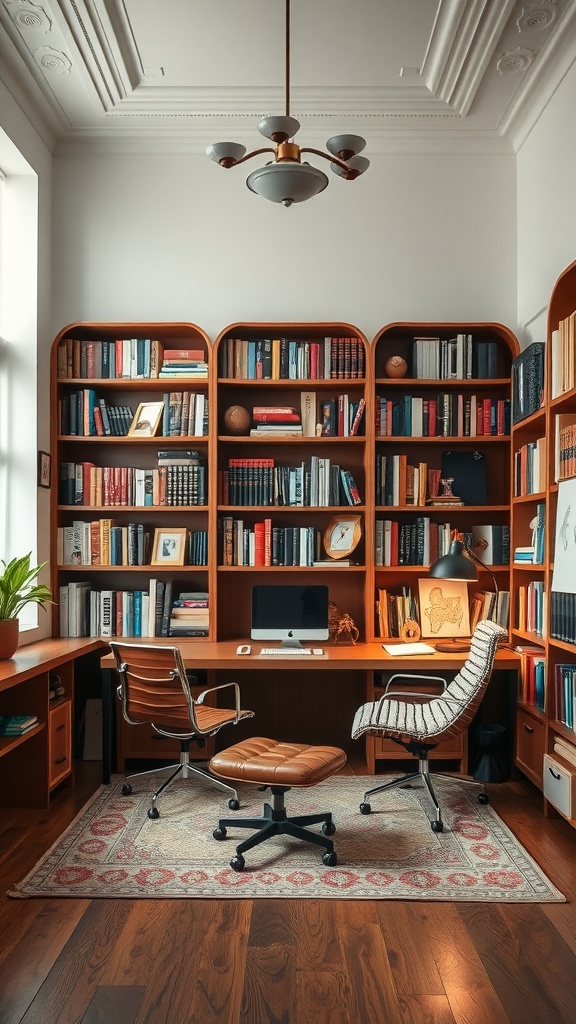 A modern study and library setup featuring wooden bookshelves filled with books, a desk with an iMac, and comfortable seating.