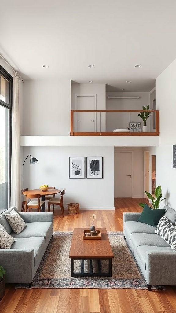 Small living room with multi-level furniture arrangement, featuring two sofas, a coffee table, and a dining table in a cozy setting.