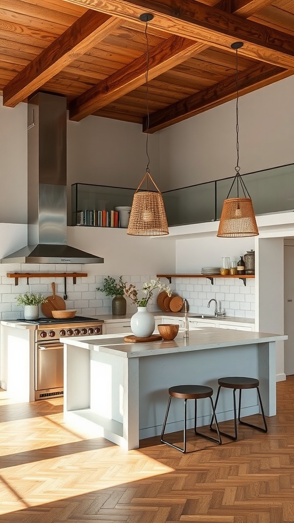 A modern kitchen with a multi-level peninsula featuring a cooking area and dining space, showcasing warm wood accents, stylish light fixtures, and sleek appliances.