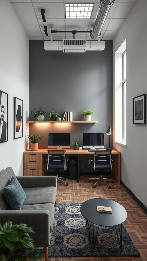 A small home office with a multi-purpose desk area, featuring two desks, a lounge space with a sofa, and plants.