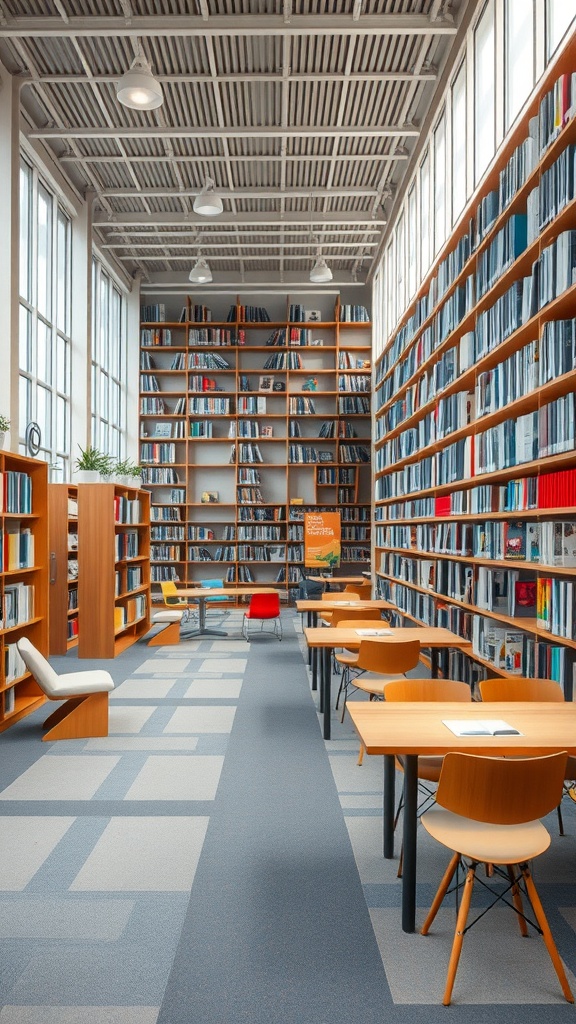 A modern library interior with high ceilings, large windows, and shelves filled with books, featuring study tables and chairs.