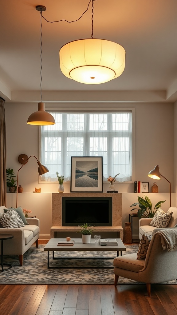 A cozy living room with multi-purpose lighting fixtures, including a central ceiling light and floor lamps, enhancing the warm atmosphere.