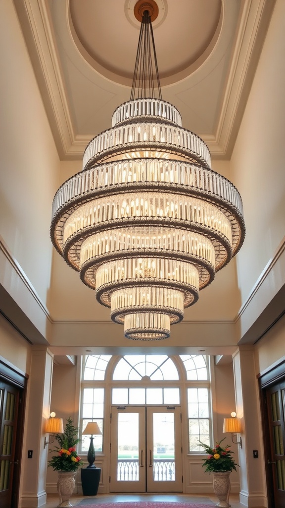 A multi-tiered chandelier in a modern foyer, featuring layers of clear and frosted glass, illuminating the space elegantly.