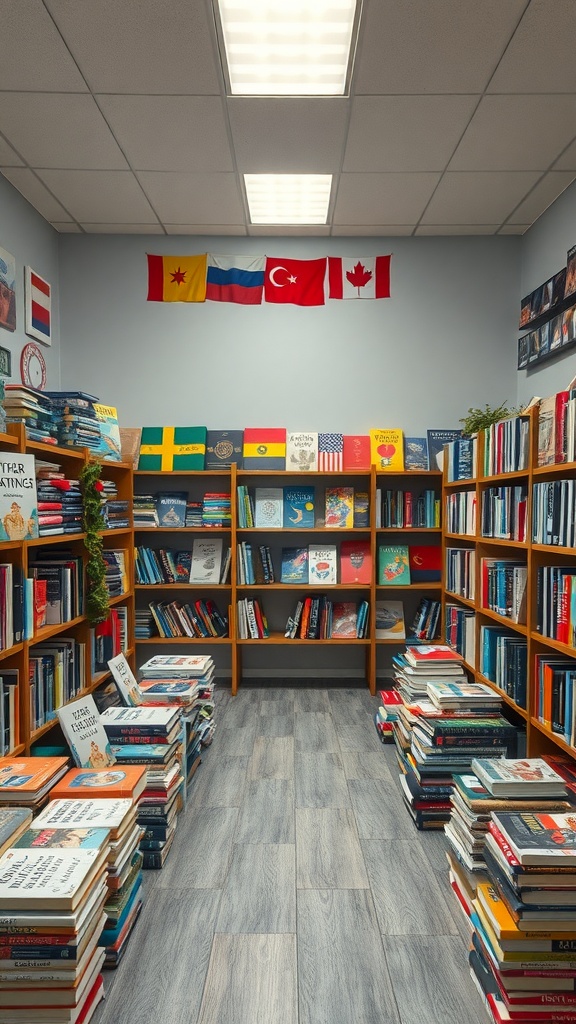 Cozy classroom reading corner with bookshelves and flags from different countries