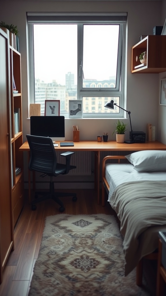 A small home office setup featuring a desk, chair, and bed, with shelves and a window.