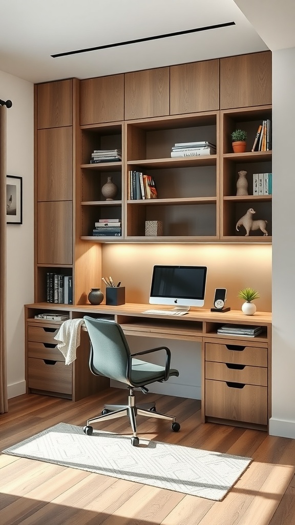 Modern home office with sleek wooden furniture, spacious desk, computer, and organized storage.