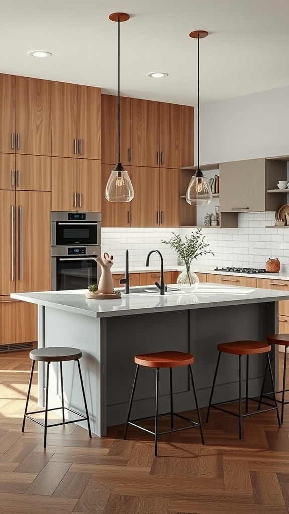 A modern kitchen island with a white countertop, surrounded by high stools, in a stylish kitchen setting.