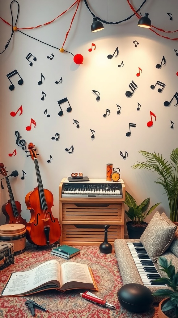 A cozy reading nook decorated with musical notes, featuring a variety of musical instruments and a comfortable seating area.