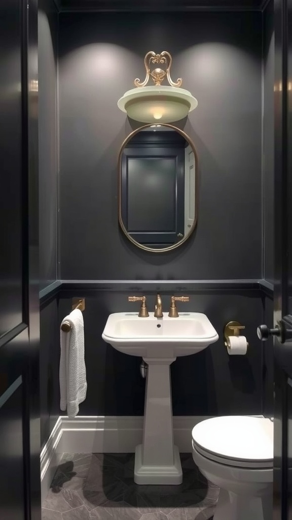 A small bathroom with muted charcoal walls, gold fixtures, and a modern sink.