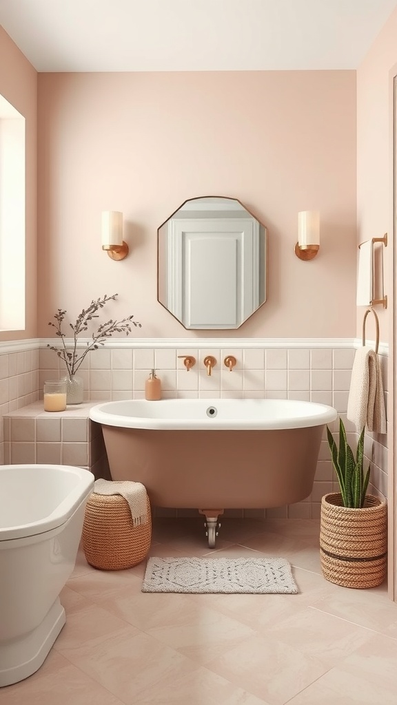 A bathroom featuring muted dusty rose walls, ivory fixtures, and natural decor.