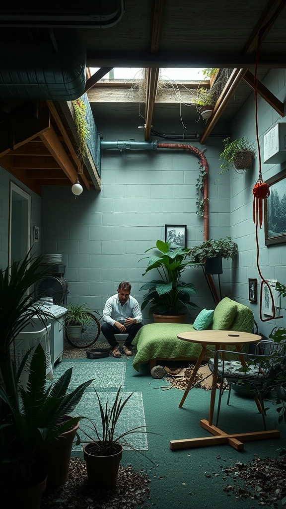 A cozy basement with muted green walls, plants, and a seating area.