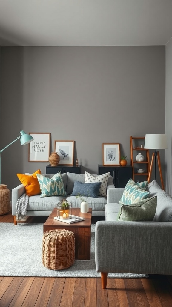 A cozy living room featuring grey walls and sofas, bright accent pillows, wooden furniture, and woven decor elements.