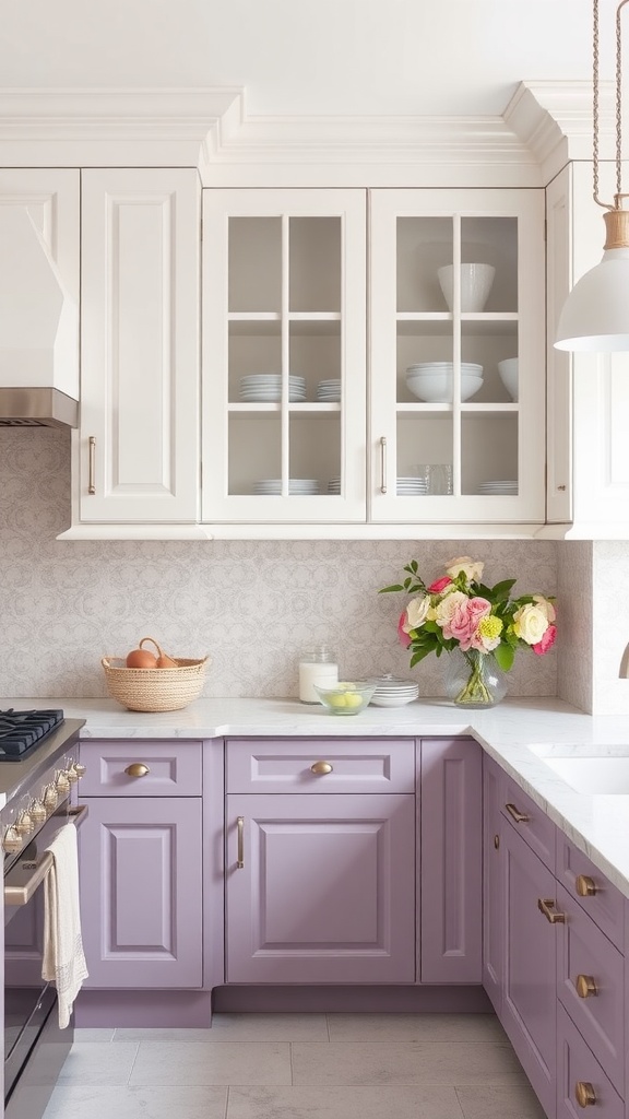 A kitchen featuring muted lavender lower cabinets and white upper cabinets, with floral decorations and marble countertops.