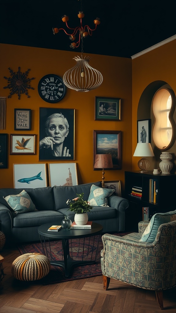 A cozy living room featuring muted mustard walls, dark furniture, and artwork.