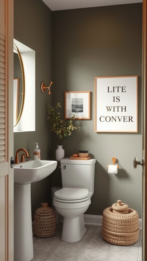 A small bathroom painted in muted olive green with modern fixtures